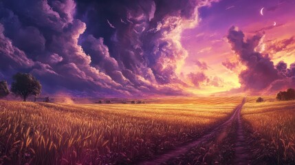 Obraz premium A surreal dreamscape where farmers plow golden fields stretching infinitely beneath a vast purple-hued sky, blending reality with imagination