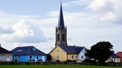 Fototapeta premium A church steeple towering over a row of houses.