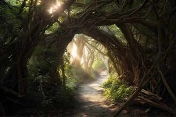 Enchanting forest path with sunlit canopy creates a magical atmosphere