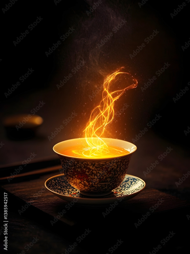 Poster a steaming cup of tea, glowing with golden light, sits on a patterned saucer against a dark backdrop