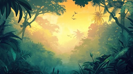 Naklejka premium Golden Hour in the Lush Tropical Rainforest