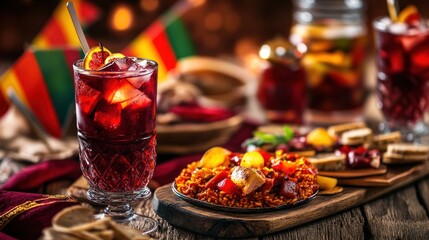 Festive Spanish National Day Meal: Sangria and Paella Close-Up