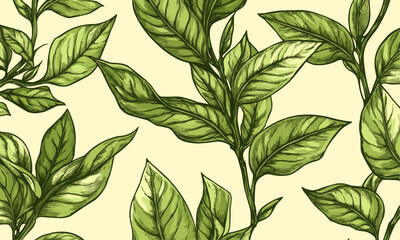 Fototapeta premium seamless pattern with green hand drawn tea leaves and branches isolated on white background.