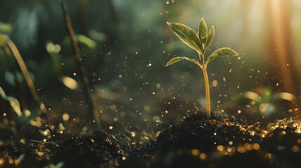 New Beginning: A close-up shot of a delicate sprout emerging from rich soil, gently kissed by droplets, illuminated by soft sunlight, representing growth, renewal, and the beauty of life.