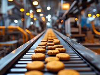 Cookies on a conveyor belt in a food factory automated production line food industry bakery process manufacturing