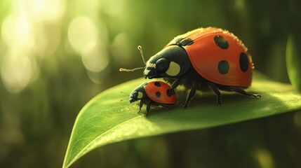 A tiny baby ladybug snuggling against a larger ladybug on a leaf, symbolizing warmth, love, and the bond of family in a natural setting
