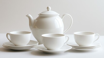 Fototapeta premium A white porcelain tea set including a teapot, cups, and saucers, on a white background