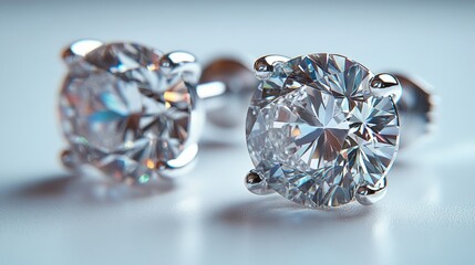 A pair of elegant diamond stud earrings with a reflective shine, on a white background