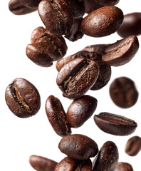 Obraz premium falling coffee beans macro isolated on white or transparent png