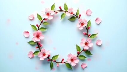 Fototapeta premium Colorful Tulip Wreath with Pink and Yellow Flowers on Turquoise Background