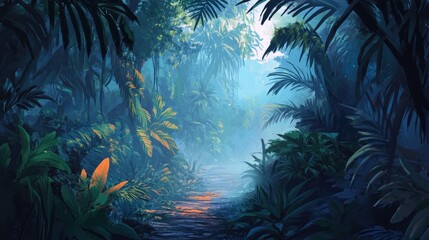 Naklejka premium Enchanted Jungle Path: A Mystical Journey Through Lush Tropical Foliage