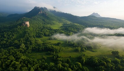 Fototapeta premium Misty mountain range with lush green valleys