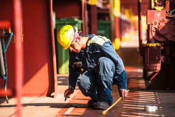 A crew member on the deck of a container ship preparing to paint hazard markings in a striped...