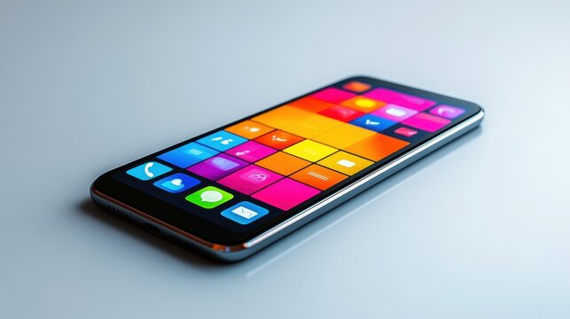 A mobile phone with a large OLED screen showing a vibrant app interface, on a white background