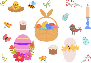 Set of easter elements. Cute easter supplies like chickens, colorful eggs, candles, and easter bread. 