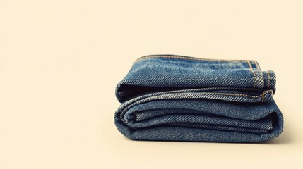 A pair of classic blue denim jeans folded neatly, on a white background
