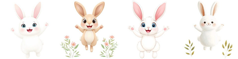 Fototapeta premium Cute cartoon animals and bunny friendly, Four animated rabbits, each with distinct colors and expressions, appear cheerful and playful, surrounded by floral elements.
