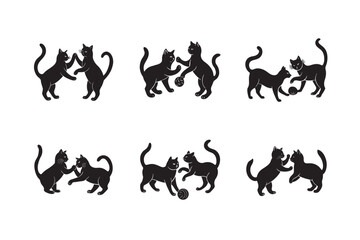Black feline playing cat silhouettes and fire animal vectors, a set of pet mammal icons