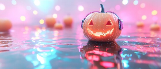 Halloween Pumpkin with Headphones on Water