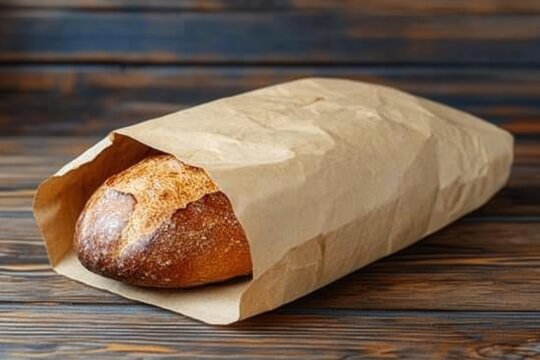 Rustic loaf of bread in brown paper bag on wood table top capturing artisan bakery freshness and simple food presentation with warm light