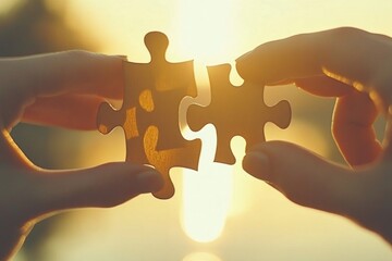 Hands fitting puzzle pieces at sunset