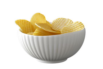 3D rendering of white bowls with ridged potato chips isolated on a transparent background
