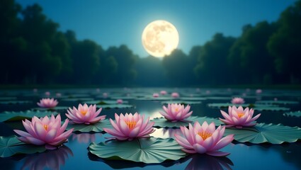 Mystical Moonlight Pond with Pink Water Lilies and Lily Pads