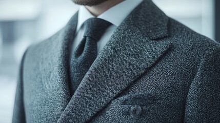 A close-up of a gray wool suit with sharp lapels and a tie, on a white background
