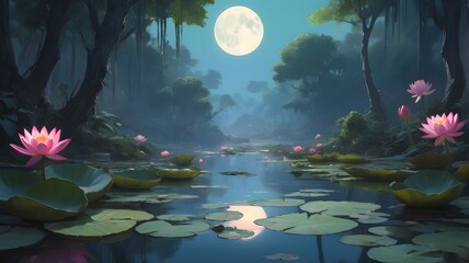 Obraz premium Mystical Moonlight Pond with Pink Water Lilies and Lily Pads