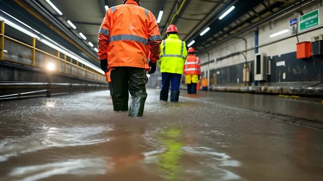 Workers in safety gear wade through flooded industrial area with machinery in background