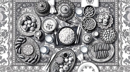 8K black-and-white line art of a dining table viewed from above, filled with various foods and drinks. Highly detailed, adult coloring style. No text, people, or logos.