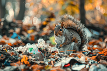 Obraz premium Squirrel is standing on a pile of trash, surrounded by leaves