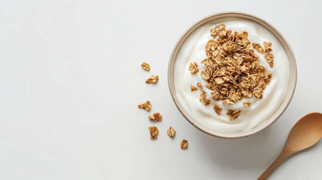 Delicious creamy yogurt bowl with crunchy granola minimalist setting food photography bright atmosphere