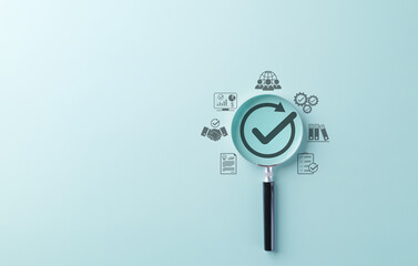 Quality Assurance and Certification Compliance Concept. A magnifying glass with checkmark...