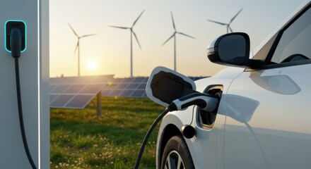 Eco-friendly electric car charging at modern station, surrounded by wind turbines and solar panels. Symbol of green energy, sustainability, and clean technology.