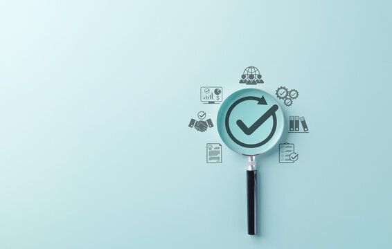 Quality Assurance and Certification Compliance Concept. A magnifying glass with checkmark surrounded by business icon, symbolizing quality assurance, compliance, and certification. certified document,