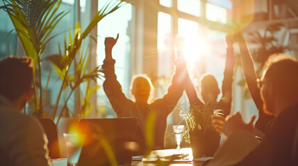 Fototapeta premium A team celebrating a successful pitch to a client. stock image, hd quality, natural look, blog post, finance