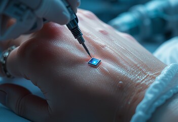 Close-up of human hand receiving biometric chip via robotic injector in sterile futuristic lab setting Generative AI