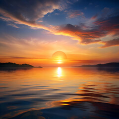 Golden sunset over tranquil lake.