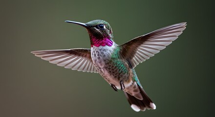 Fototapeta premium Hummingbird Hovering in Flight with Detailed Plumage and Wings Spread