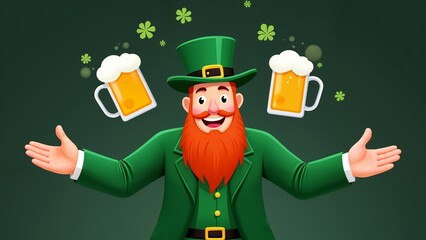 A cartoon leprechaun juggling two mugs of beer.