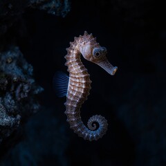 Close-up of a speckled seahorse swimming in dark ocean waters.