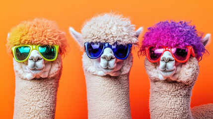 Editorial-style close-up of three quirky alpacas wearing neon sunglasses in a rainbow palette, standing confidently in front of a saturated orange background. Textured fur with soft curls and bold f