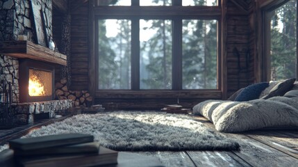 Fototapeta premium Cozy Cabin Winter Wonderland: A Serene Fireplace and Window View