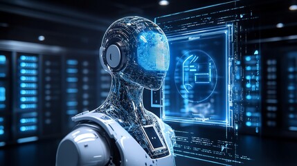 Futuristic AI robot in server room displays innovative technology concept