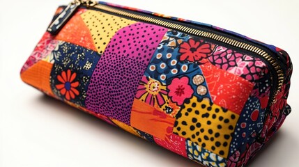 Naklejka premium A colorful, patterned fabric bag with a zipper closure, on a white background