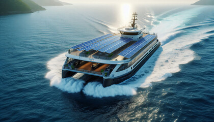 A ferry powered by renewable energy, sailing across the sea with solar panels on its roof, promoting eco-friendly and sustainable water transport.