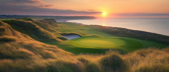 Serene golf course landscape at sunset with rolling hills and ocean view creating a peaceful and scenic atmosphere for golfers and nature enthusiasts