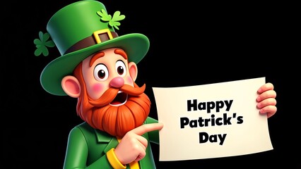 A cartoon leprechaun holding a sign that says "Happy Patrick's Day."