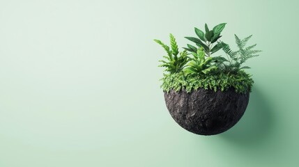 Floating geometric earth with plants growing, ultraminimalist sustainability concept